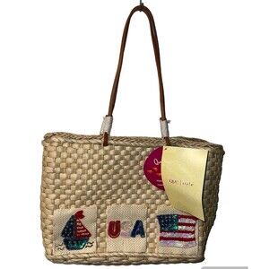 Quacker Factory Straw Purse Corn Husk USA Patriotic Flag Handbag Summer New